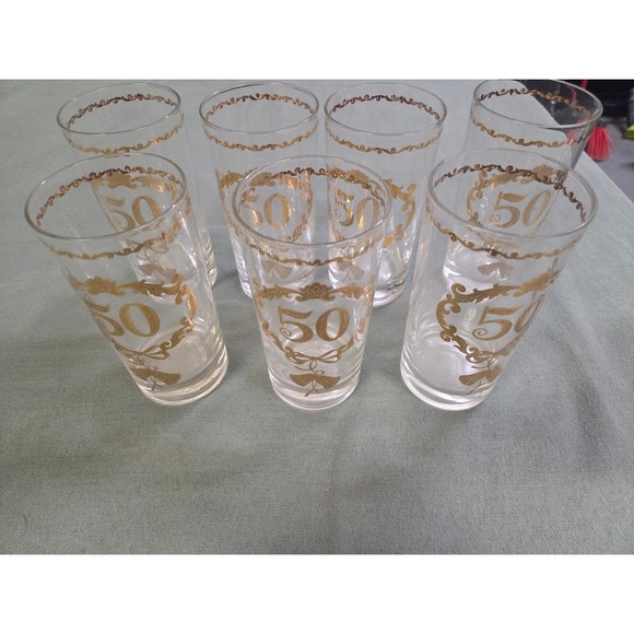 Other - Vintage 50th Anniversary Gold Gilt Highball Glasses Set of 7 Mid Century Modern